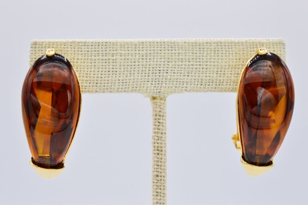 Vintage Cabochon Clip On Earrings Crystal Cabochon Amber Gold Chunky NOS 1980s